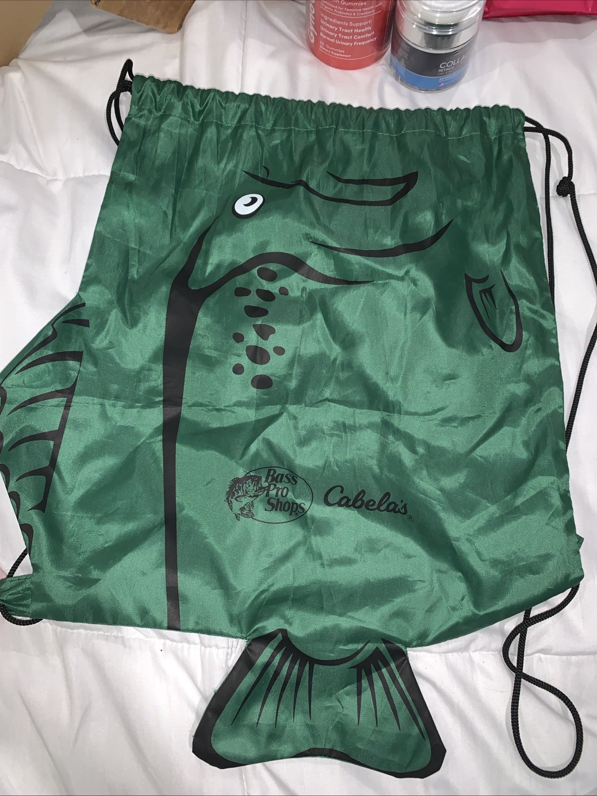 Bass Pro Shops Cabela’s 17×14 Green Fish Shape Drawstring Reusable Bag