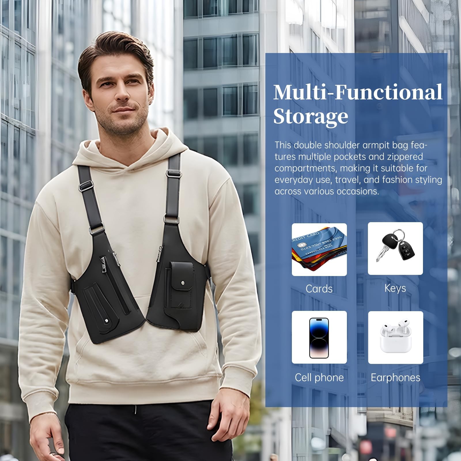 Double Shoulder Armpit Bag for Men, Anti-Theft 11.8 x 6.3 inches, Black