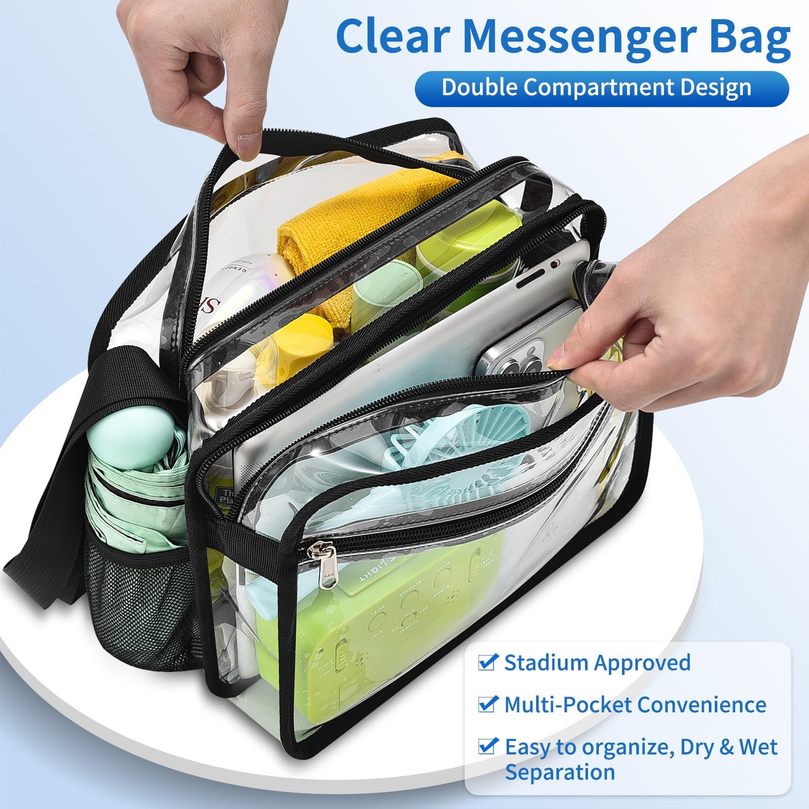 2-Compartment Clear Stadium Messenger Bag for Concerts Games Events