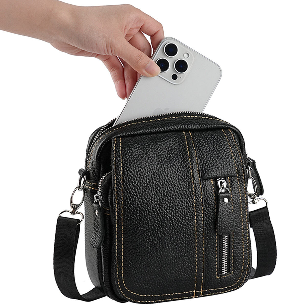 Mens Genuine Leather Mini Messenger Cross Body Handbag Shoulder Bag Large Purse