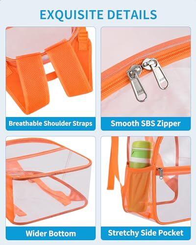 Clear Backpack Stadium Approved 12×12×6 with Reinforced and Wider Orange