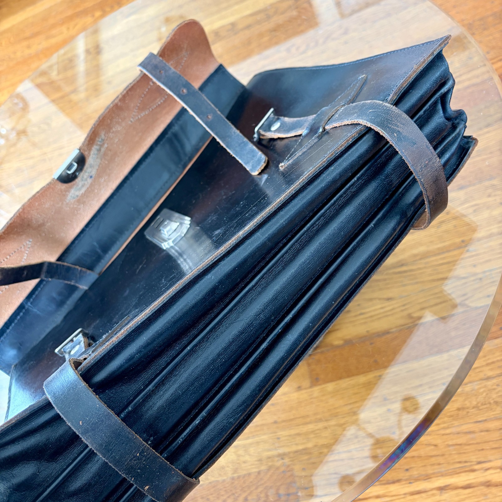 1920s Leather Briefcase Satchel Bag Double Strap Messenger MacBook Pro Blk Vtg