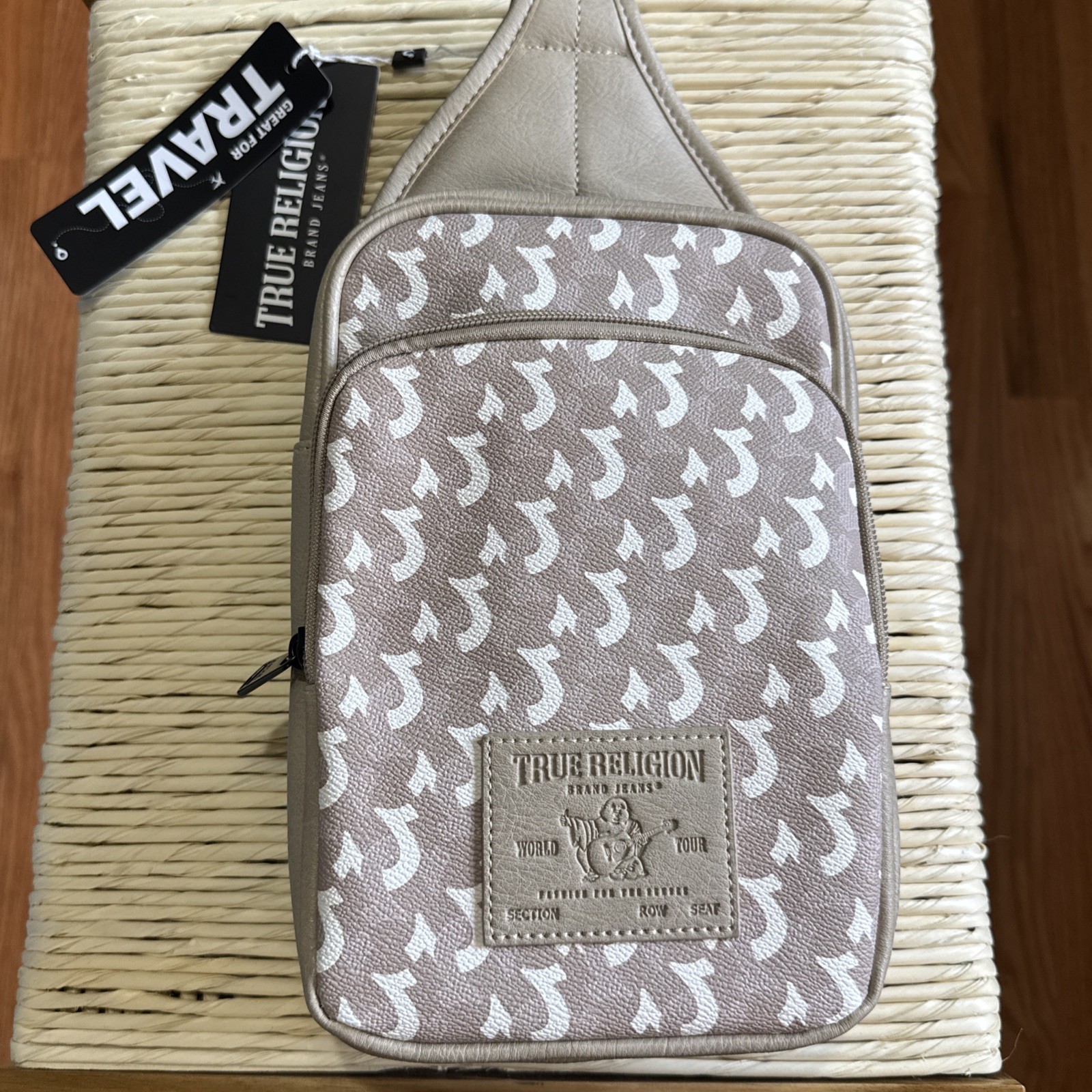 True Religion Sling Bag Crossbody Backpack Beige/Tan Monogram Streetwear Men’s