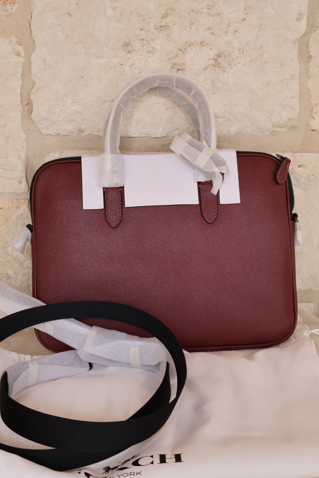 NEW Coach Liam Compact Leather Briefcase Slim Unisex WINE/black nickel Dust bag