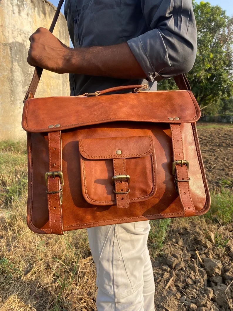 Men’s Vintage Leather Laptop Briefcase Everyday Messenger Shoulder Work Bag