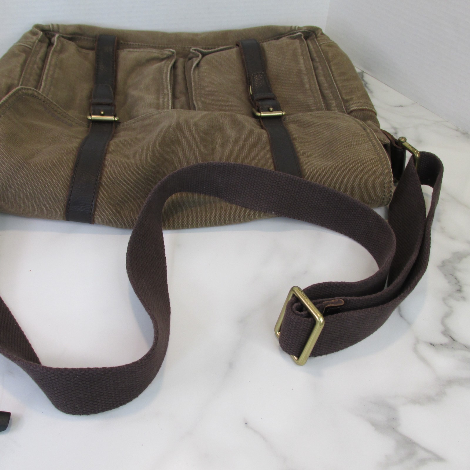 Fossil Estate Messenger Bag Olive Green Canvas Brown Leather Trim Crossbody