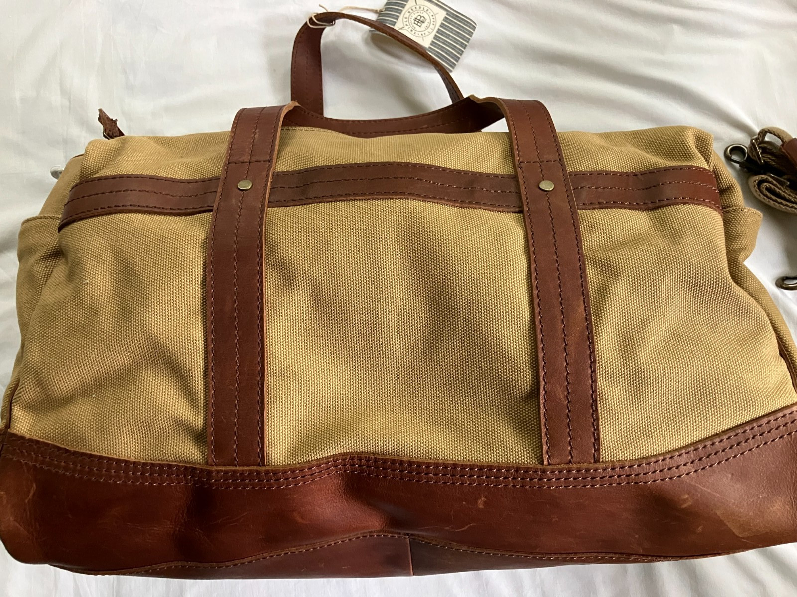 L L Bean Khaki Canvas & Brown Leather Zip Duffle Bag Shoulder Strap NWT New