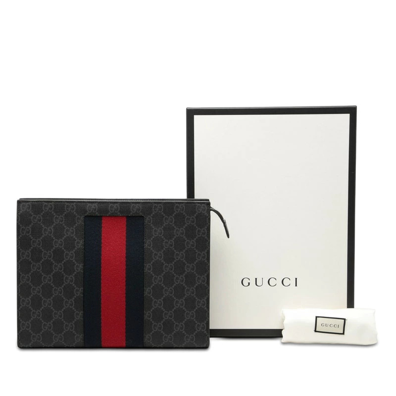 Gucci GG Supreme Web Sherry Line Clutch Bag 475316 Black PVC Leather
