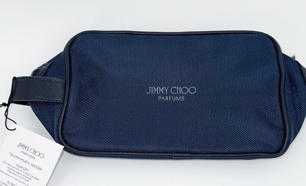 Jimmy Choo Navy Toiletry Shave Pouch Dopp Kit Makeup Bag Faux Leather Trim NWT