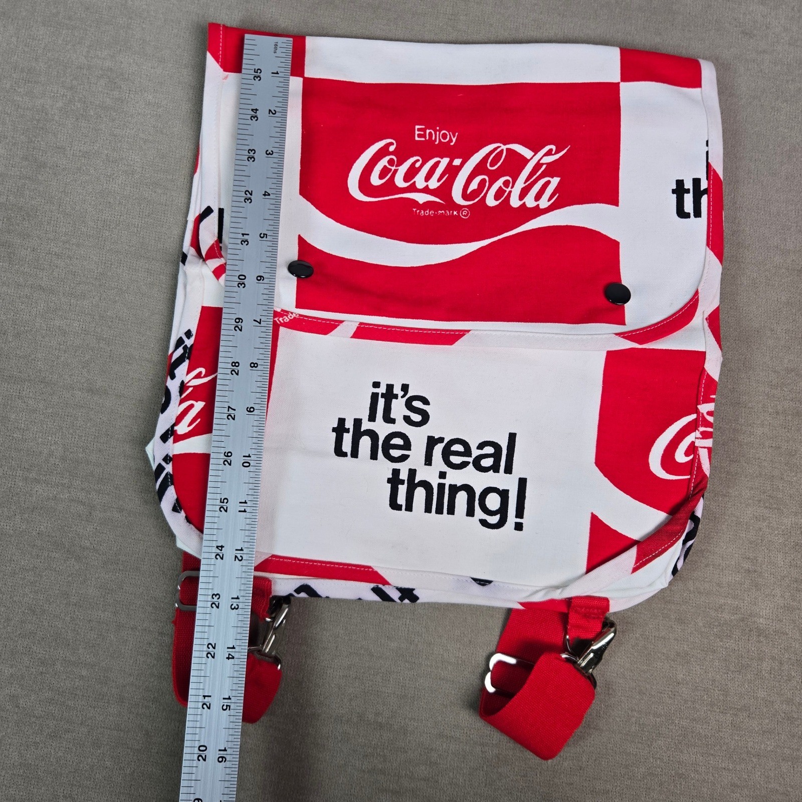 Coca-Cola Its The Real Thing Canvas Backpack Red White Logo Vintage Bag 1970s