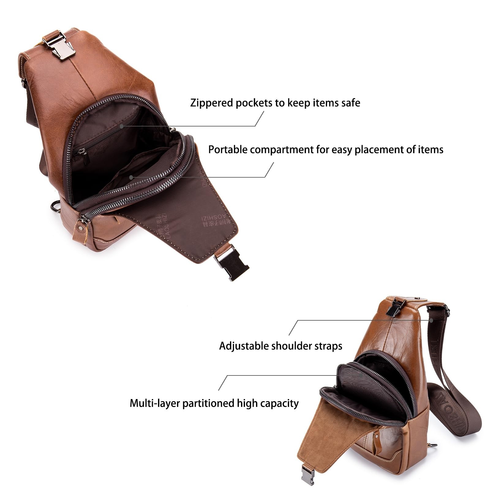 Leather Sling Bag for Men Chest Shoulder Bag Crossbody Backpack Black 1 PCS