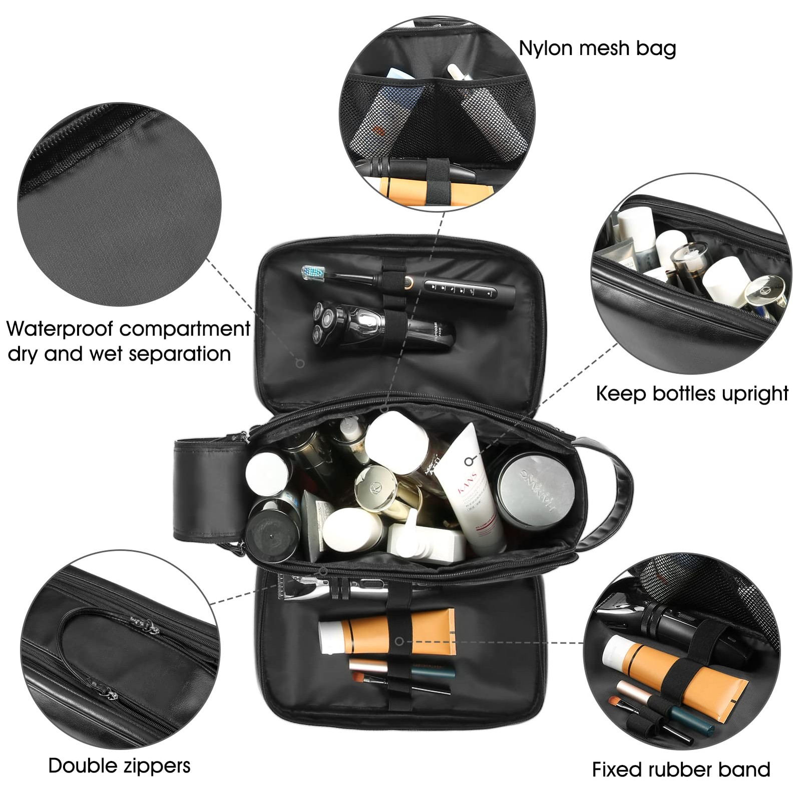 BNSPOCKET Personalized Leather Travel Toiletry Bag for Men, Large, Black