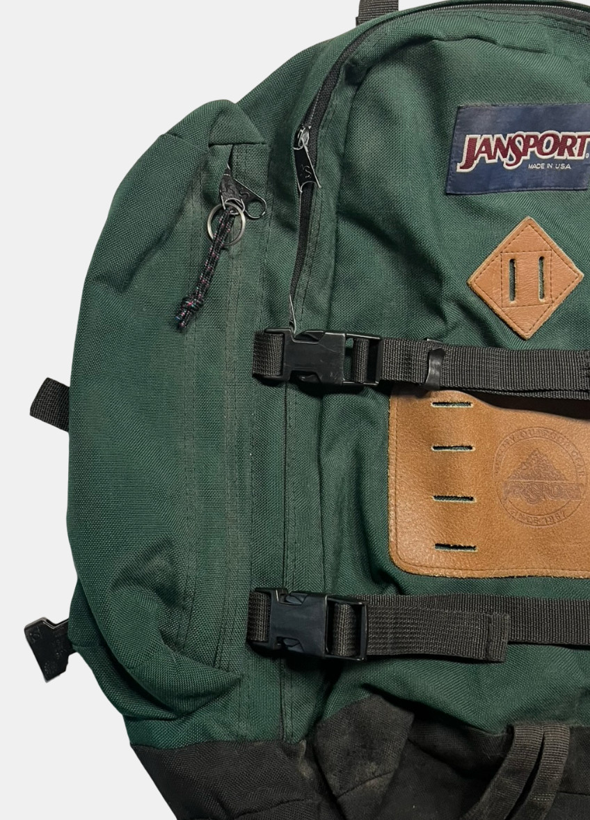 Vtg 90s JANSPORT x USA-MADE Green LEATHER-PATCH BACKPACK Outdoor Hike Gear Bag