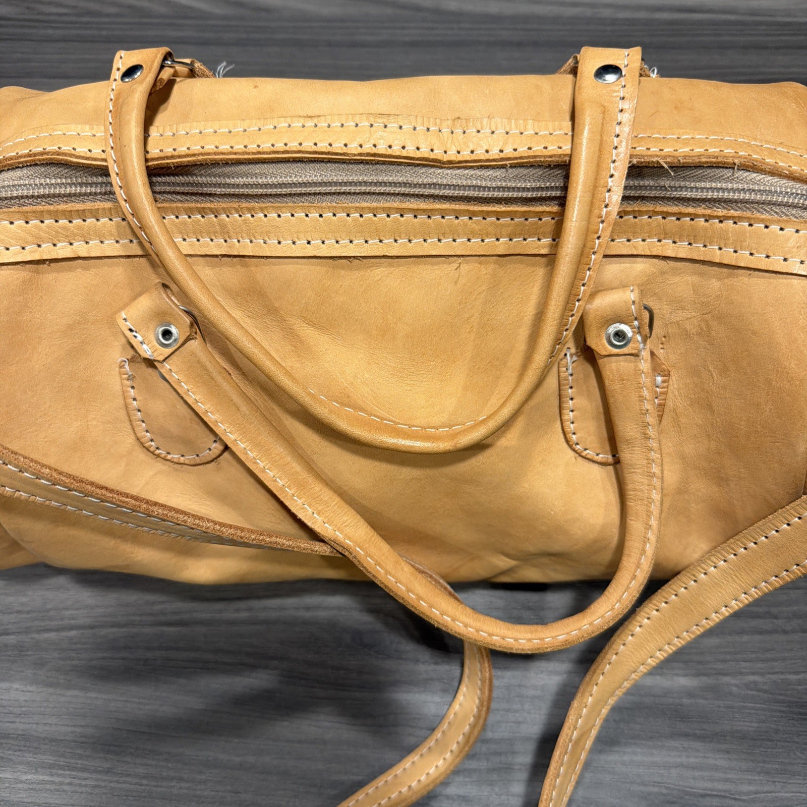 16 inch Handmade Leather Tan Small Duffle Purse Vintage Bag Boho Y2K