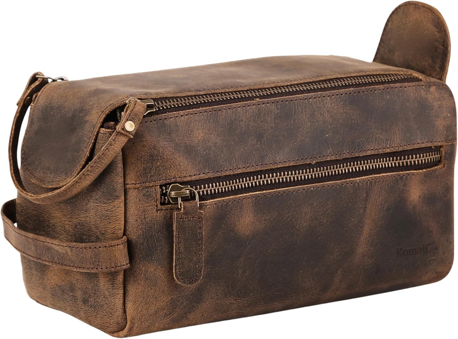 Komalc Premium Buffalo Leather Toiletry Bag for Men & Women with Water Resistant