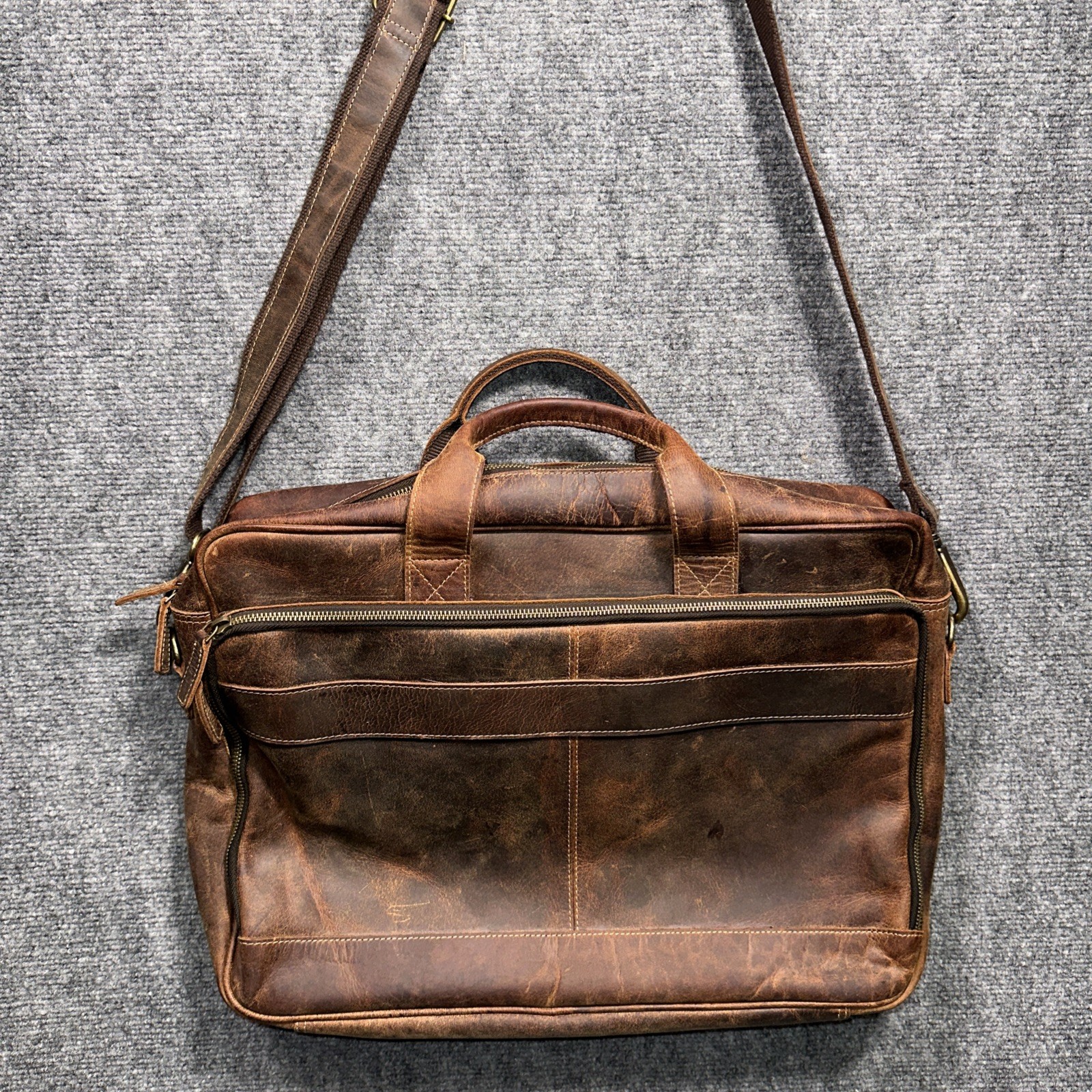 KomalC Full Grain Leather Messenger Laptop Bag 18” Brown Distressed Briefcase