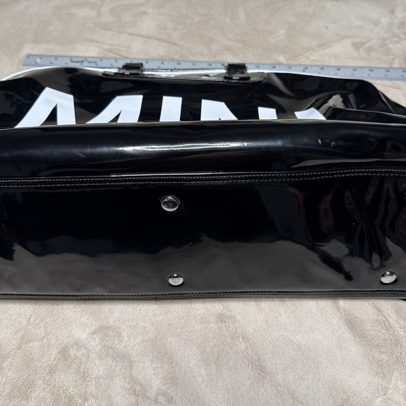 MINI Cooper Black Patent Duffel Bag Large 27” Weekender Red Lining Strap
