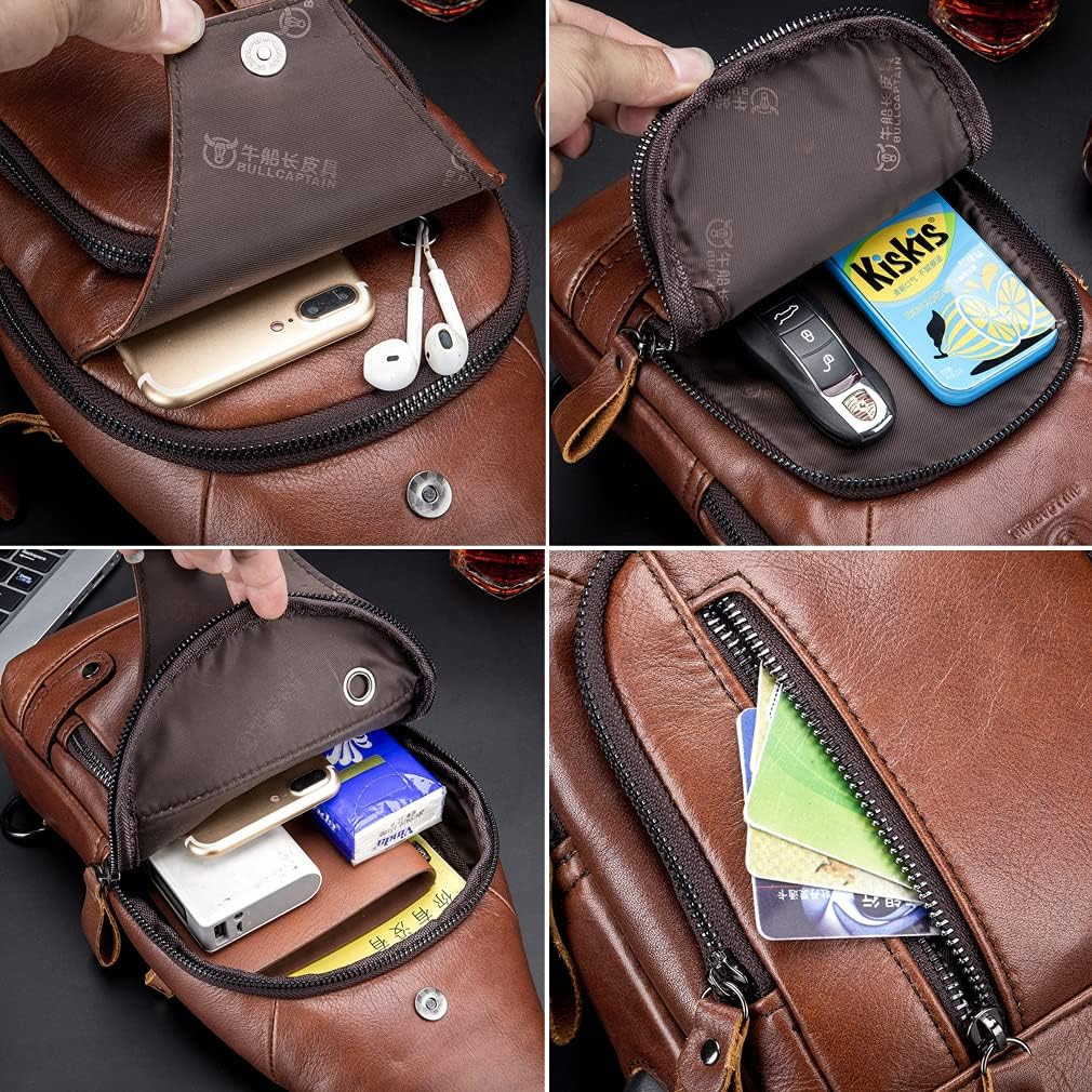 Vintage Leather Sling Bag Backpack for Men Crossbody Shoulder Chest Day Pack Bac