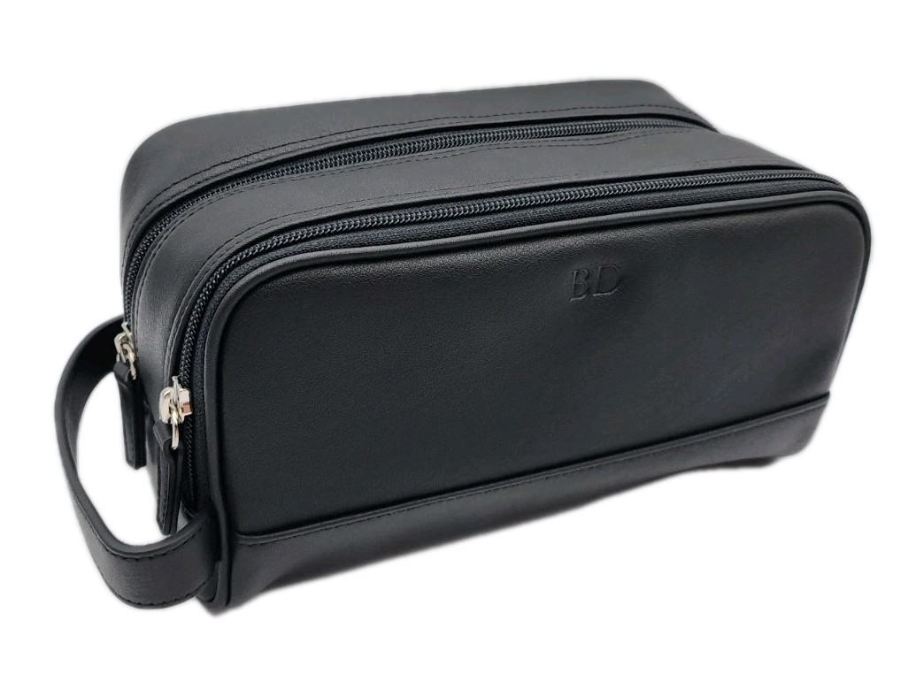 Leatherology Mens Toiletry Leather Bag Double Logo Nickel Zippers Black 9×4½x4½