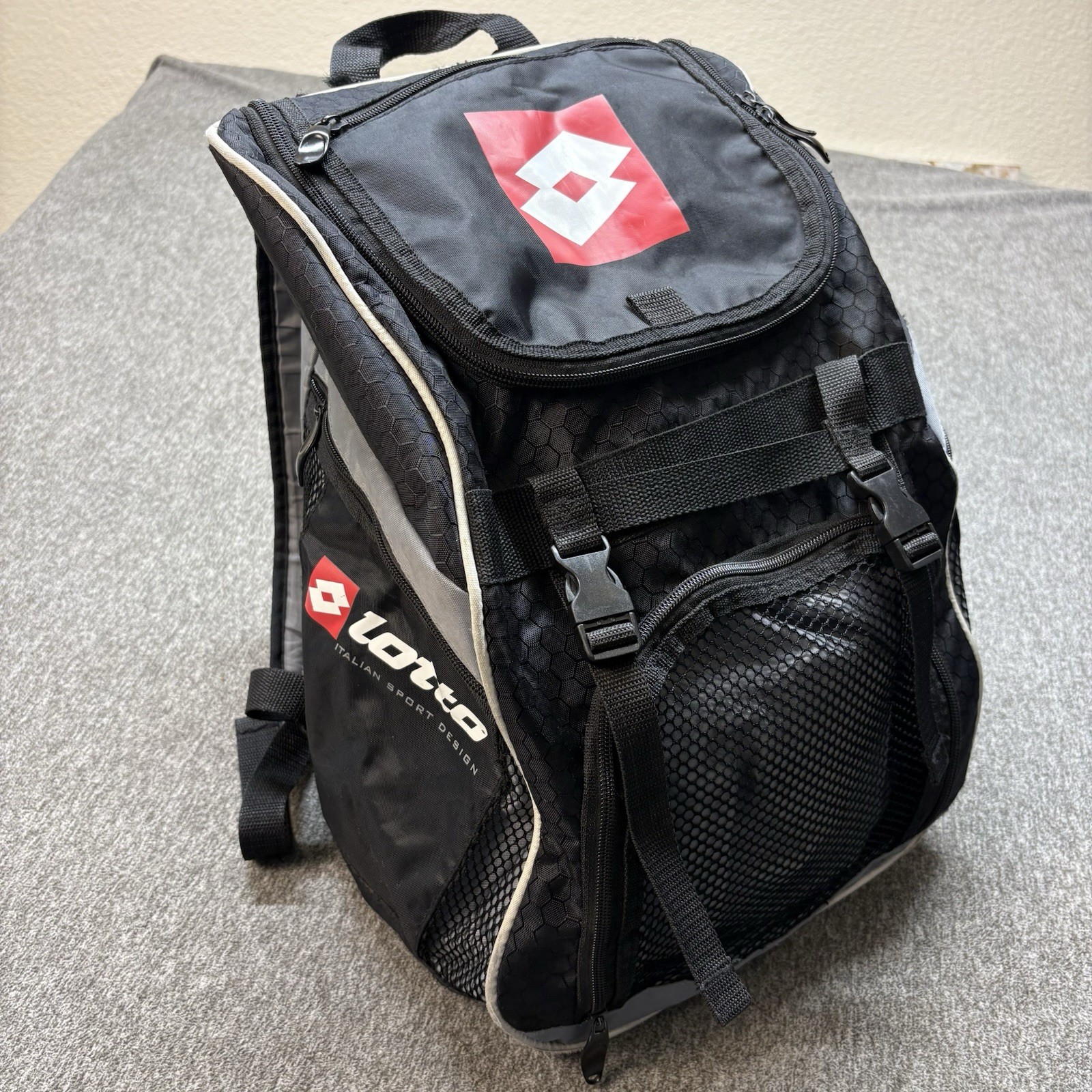 Vintage 90s Lotto Spell Out Box Logo Soccer Football Backpack Book Bag Black