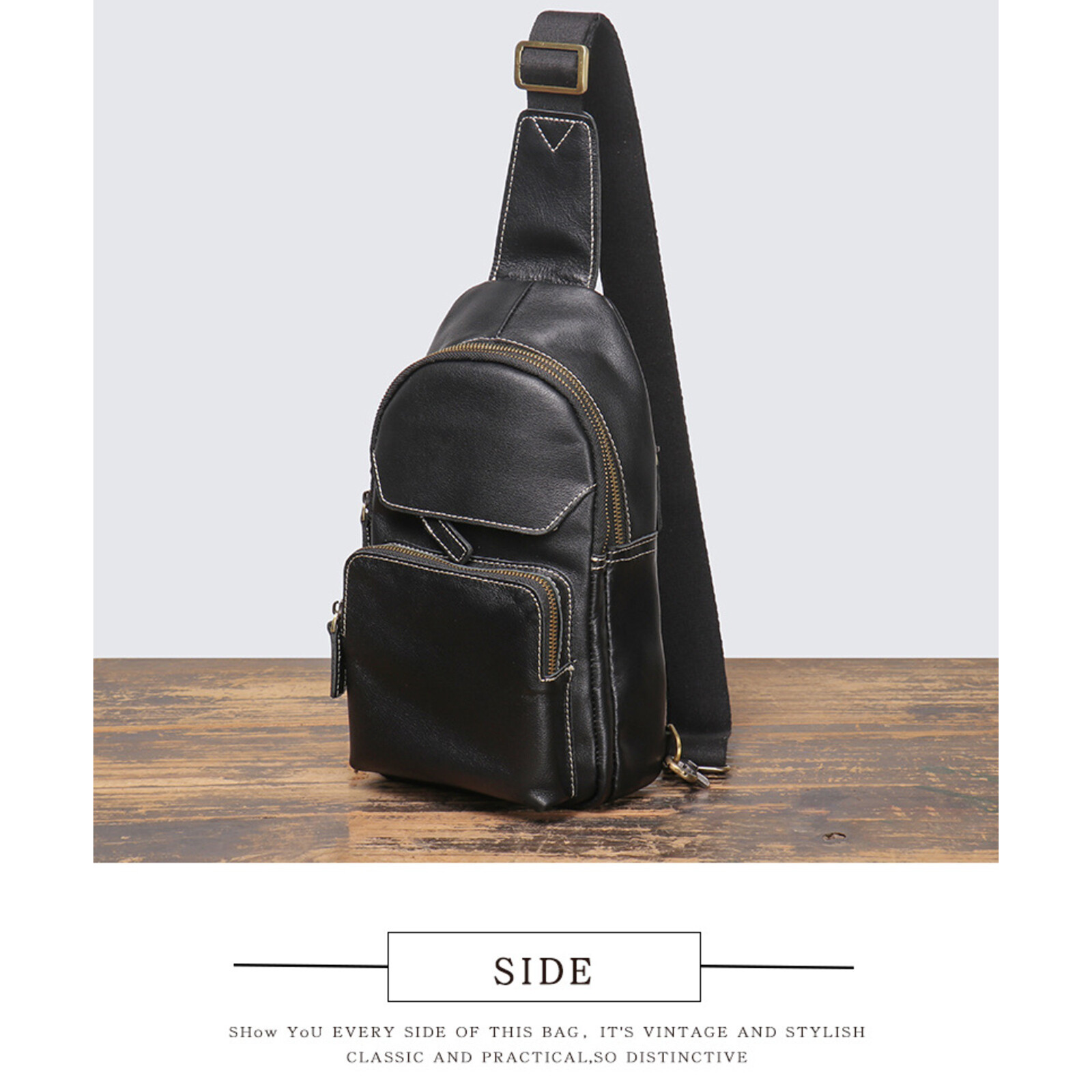 Men’s Leather Crossbody Sling Bag Chest Pack Shoulder Backpack Travel Black