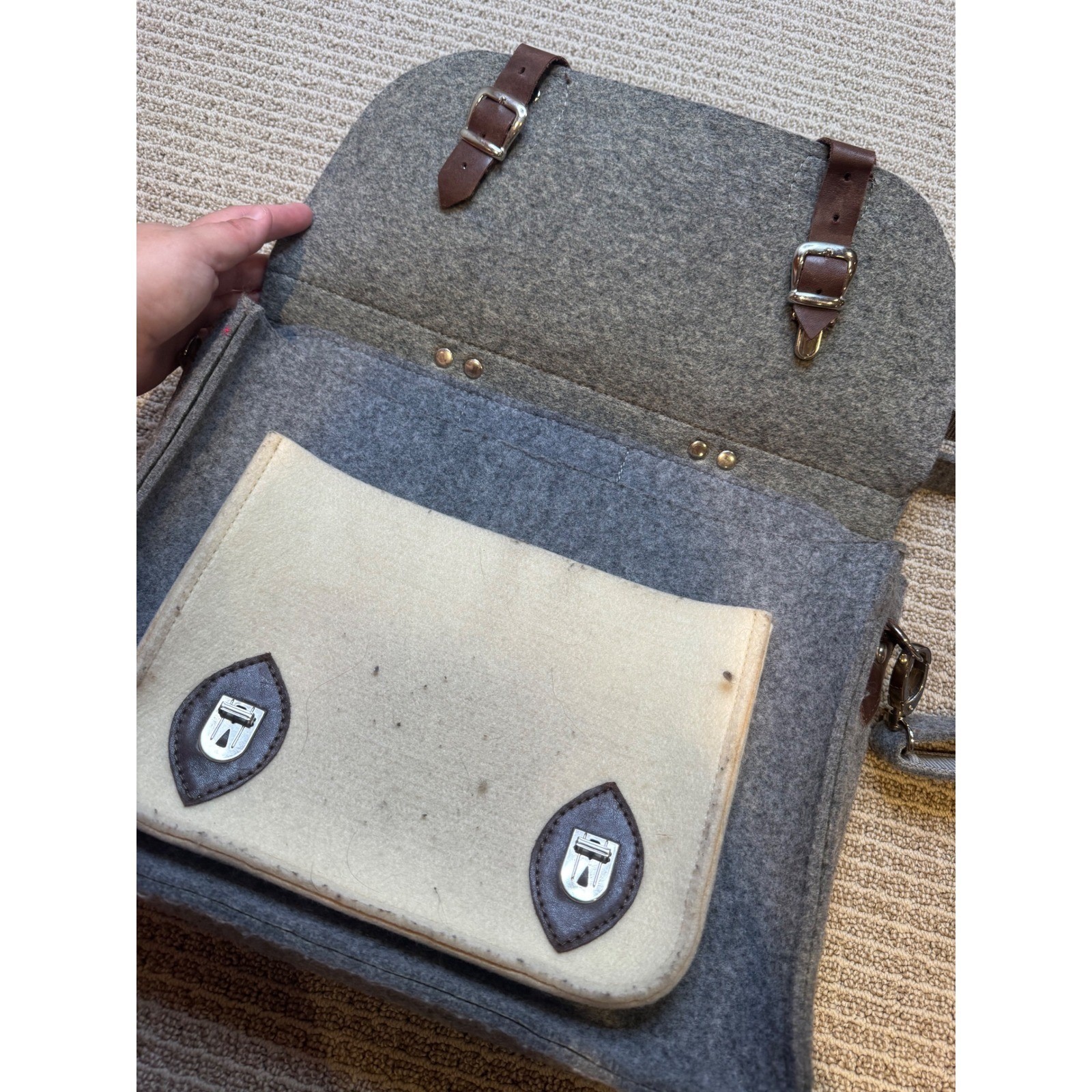 Grey Felt Satchel Messenger Bag Two Tone Buckle Strap Shoulder Bag