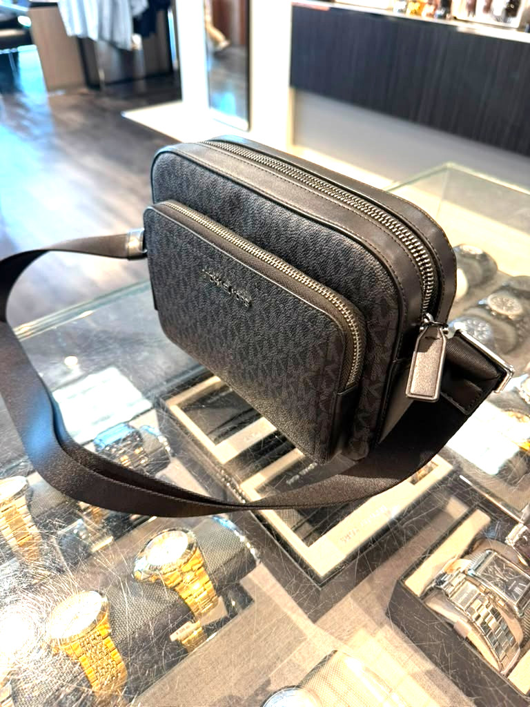 Michael Kors Cooper Men Black MK Signature Crossbody Flight Bag Shoulder Handbag