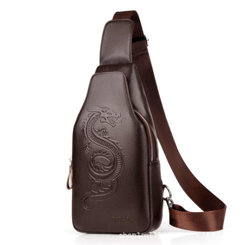 Men’s Sling Backpack Genuine Leather Crossbody Bag Shoulder Bag Dragon Embossing