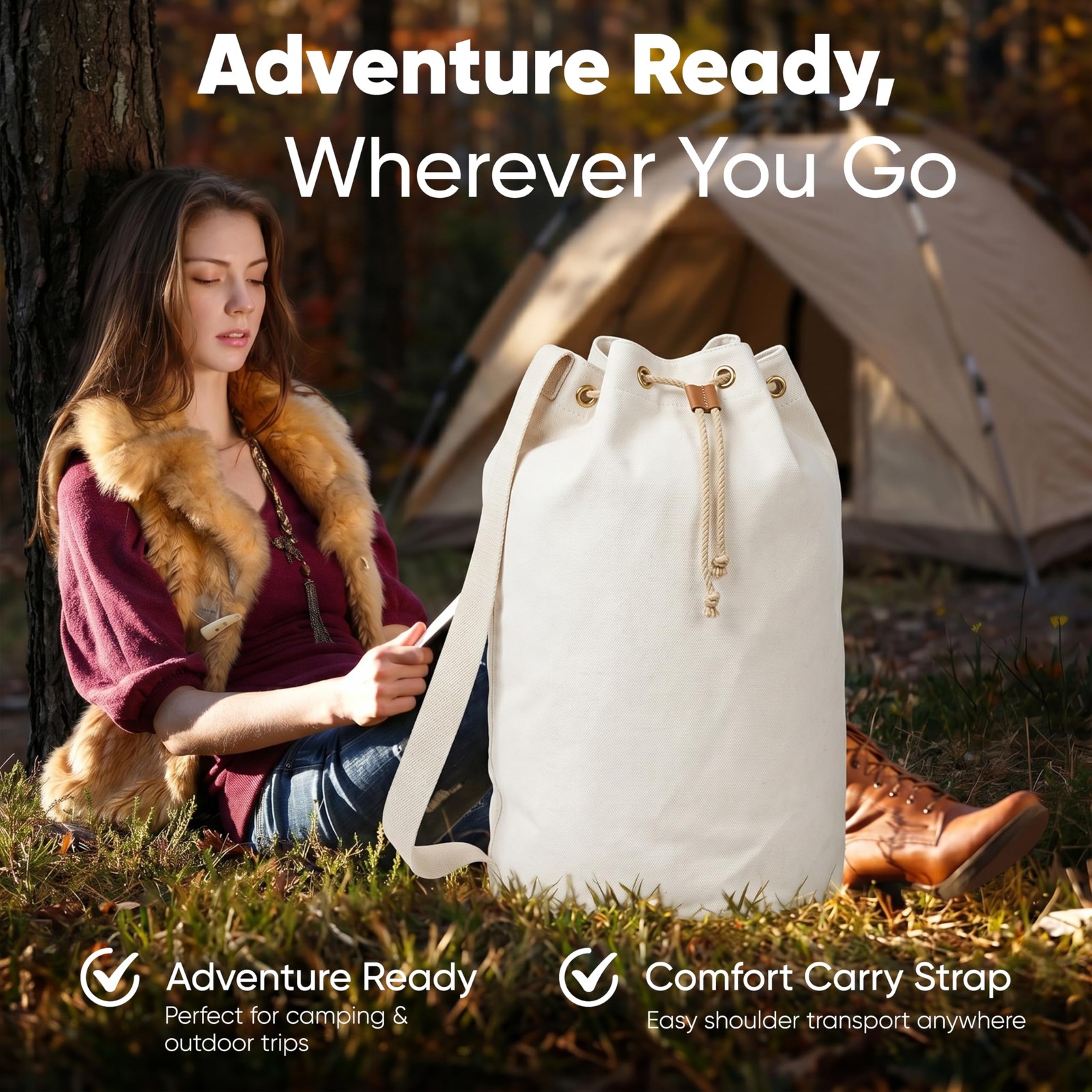 Canvas Duffel Bag – Drawstring, Leather Closure, Shoulder Strap