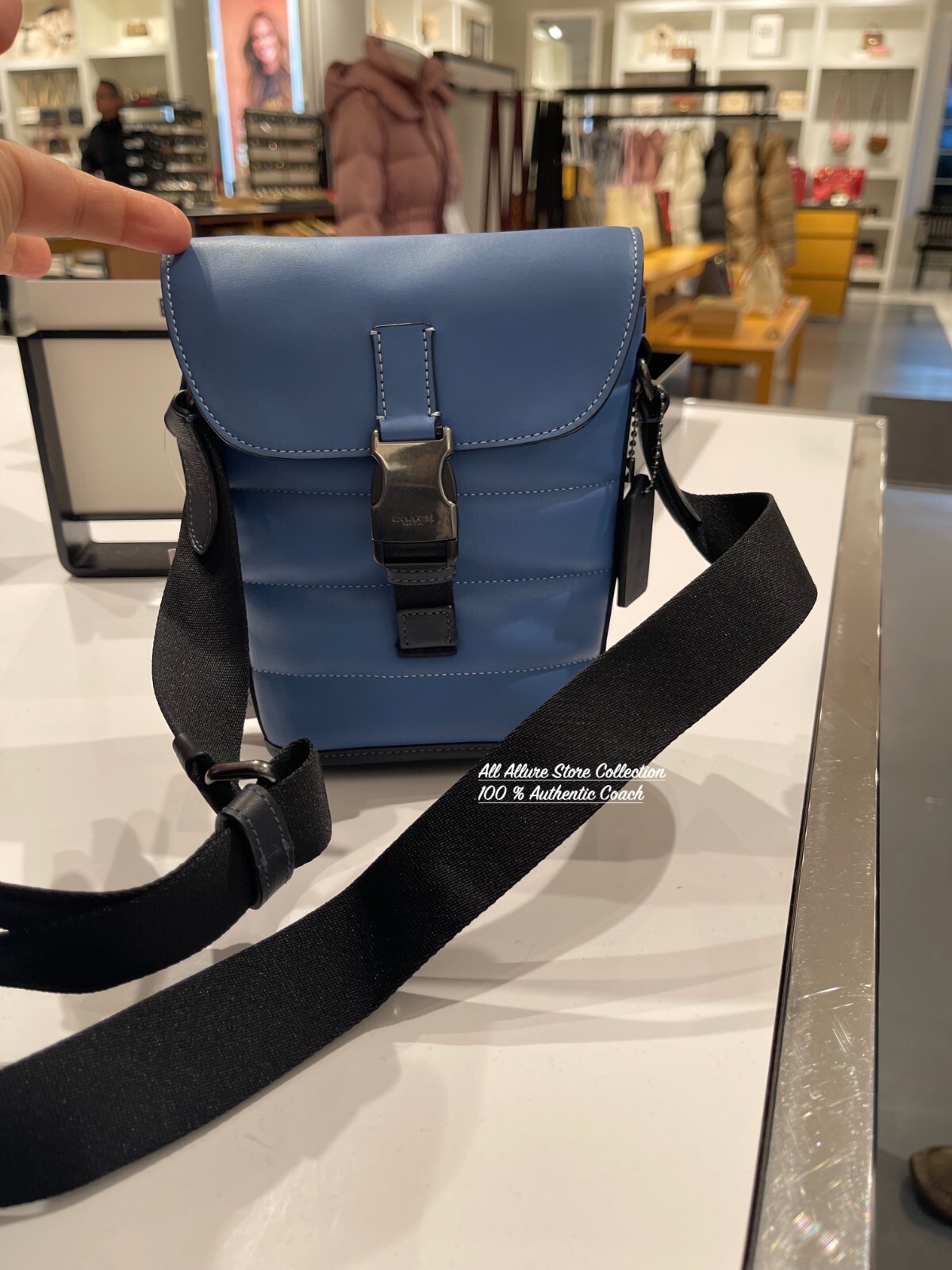Coach Men Track SkyBlue Leather Crossbody Small Flap Quilting Shoulder Bag
