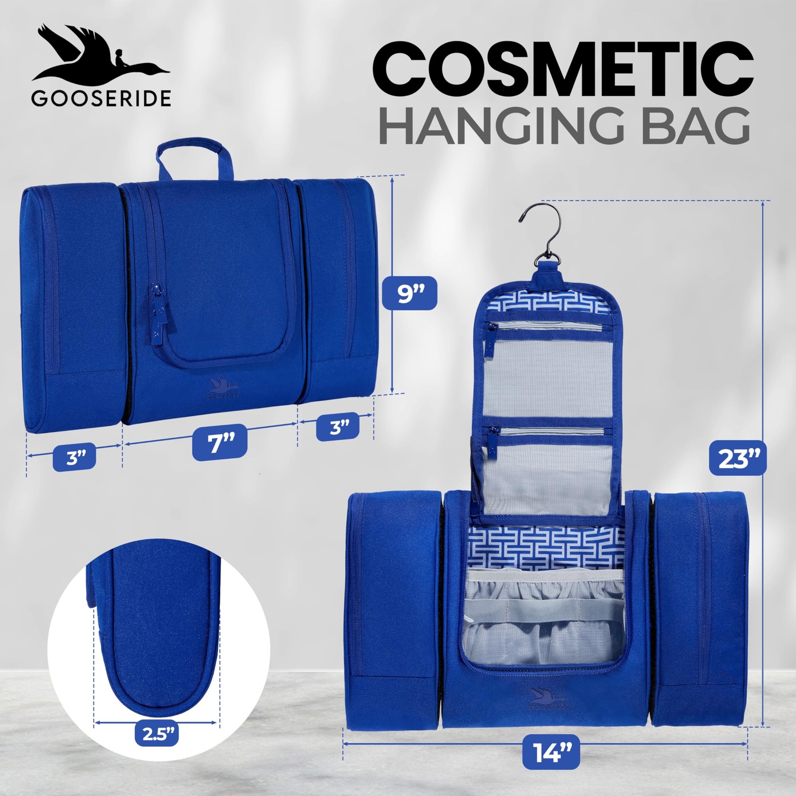 GOOSERIDE Travel Toiletry Bag for Women and Men – Hanging Cosmetic Royal Blue