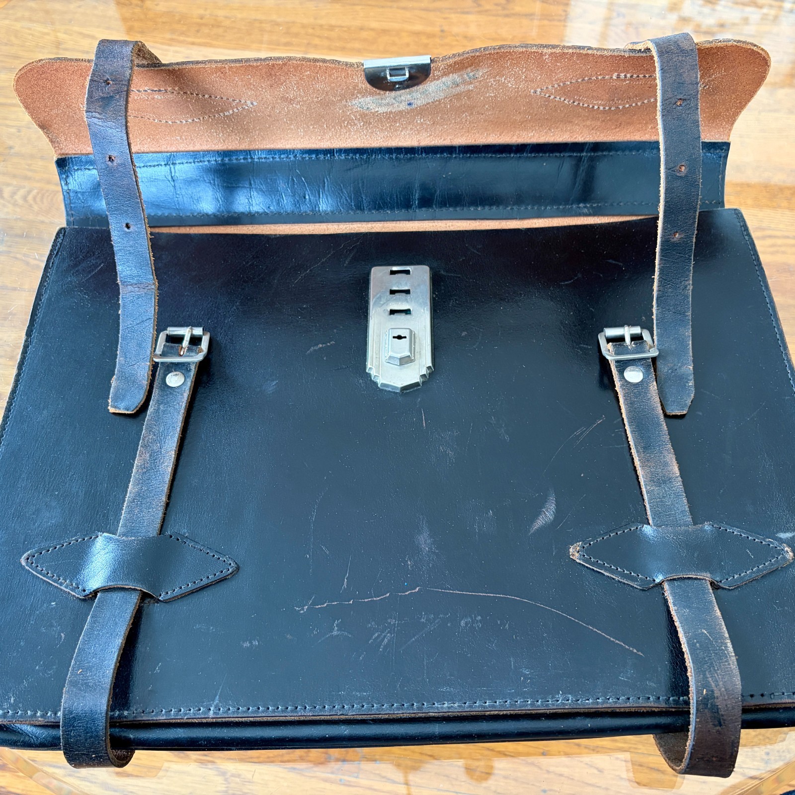 1920s Leather Briefcase Satchel Bag Double Strap Messenger MacBook Pro Blk Vtg