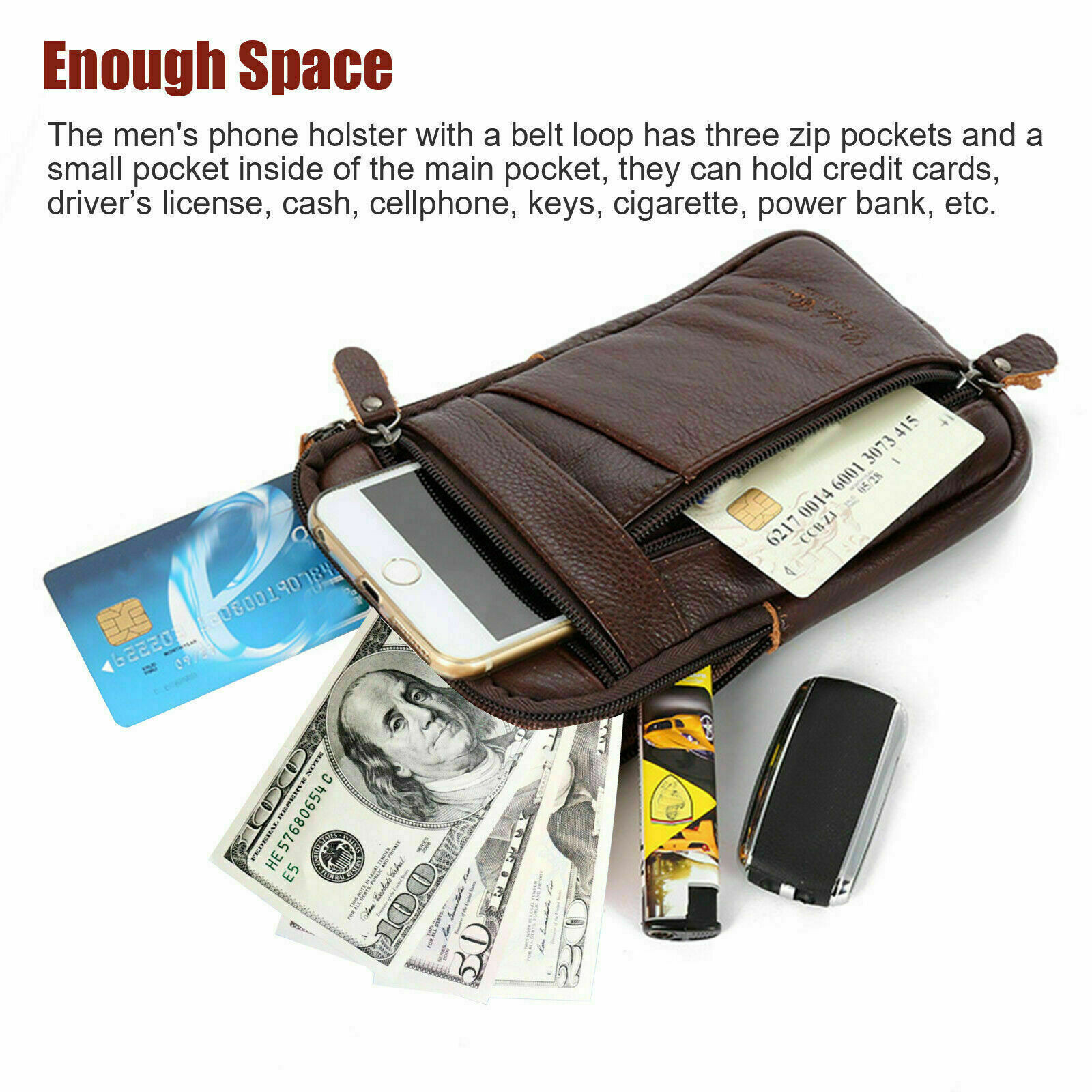 Leather Crossbody Shoulder Bags Men Belt Clip Phone Holster Case Belt Loop Pouch