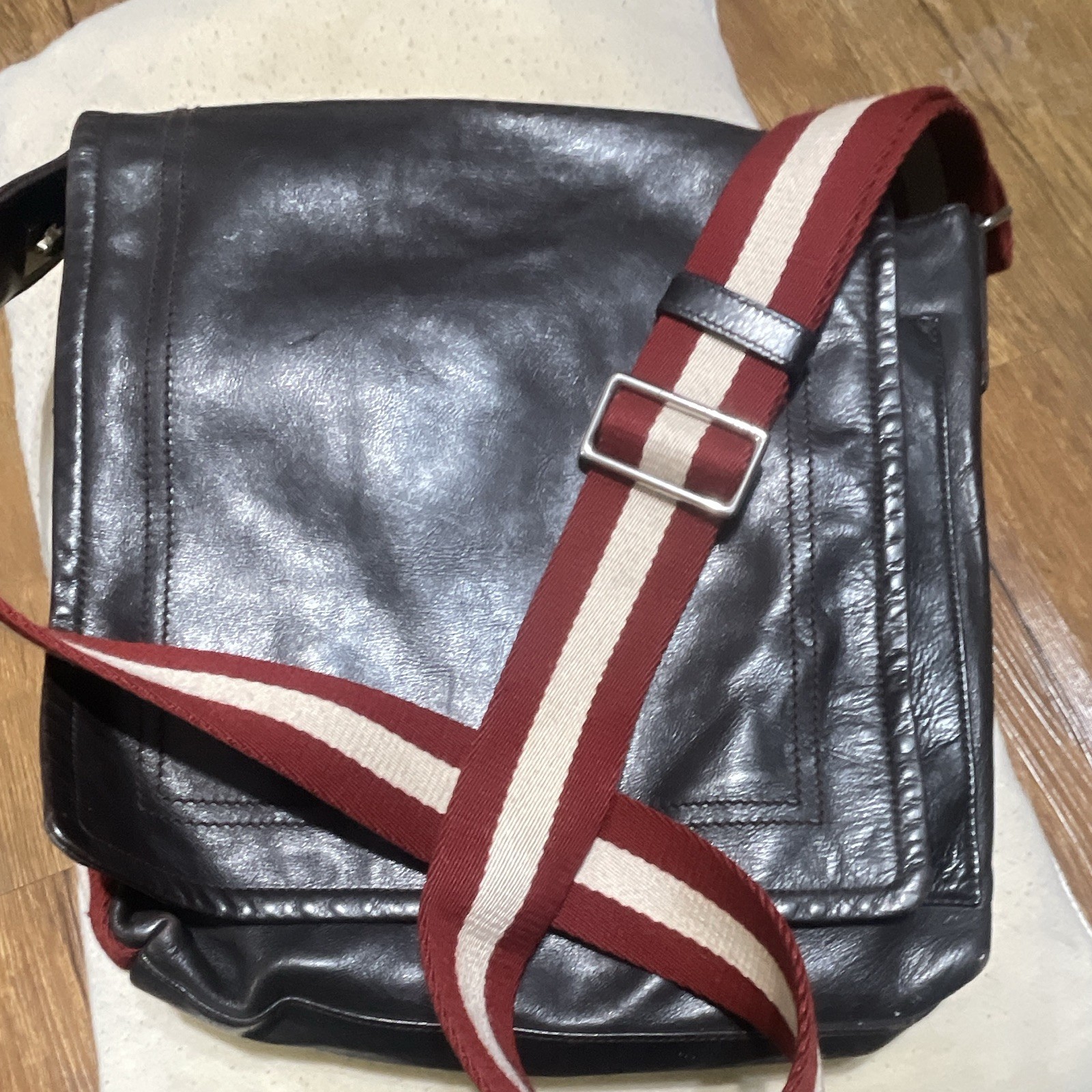 Bally Black Messenger Bag Red White Striped Crossbody Strap Adjustable