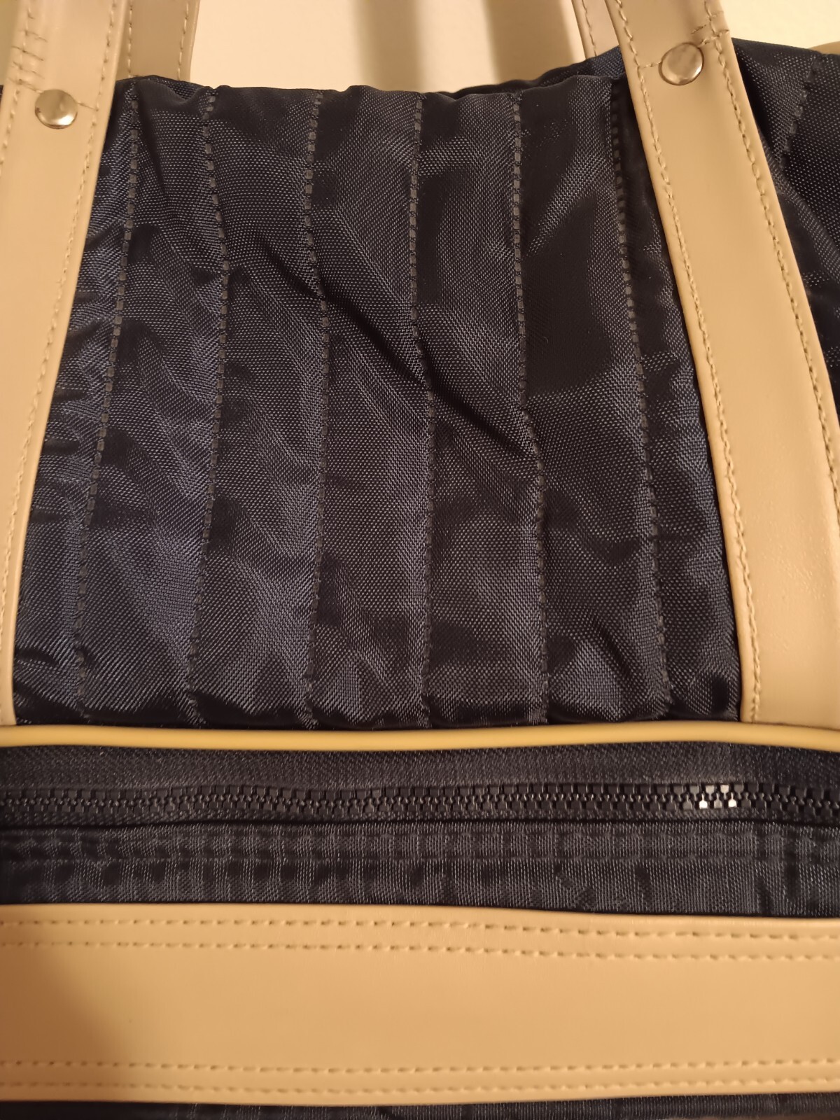 Austads Blue And Tan Bag With Rigid Base And Lower Zippered Area