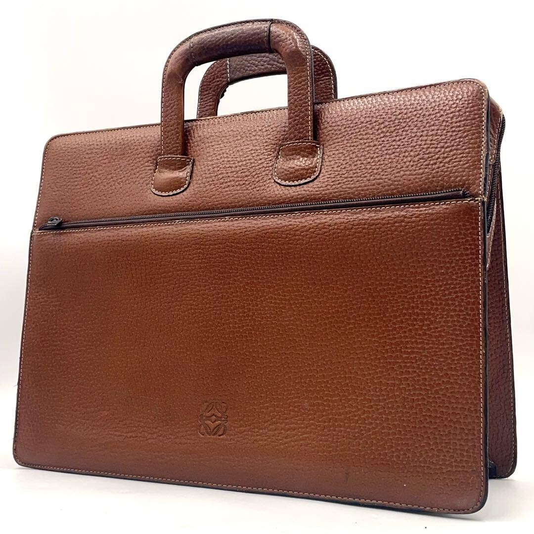 LOEWE Anagram Brown Leather Briefcase Mens Business Bag A4 PC Storage 42cm