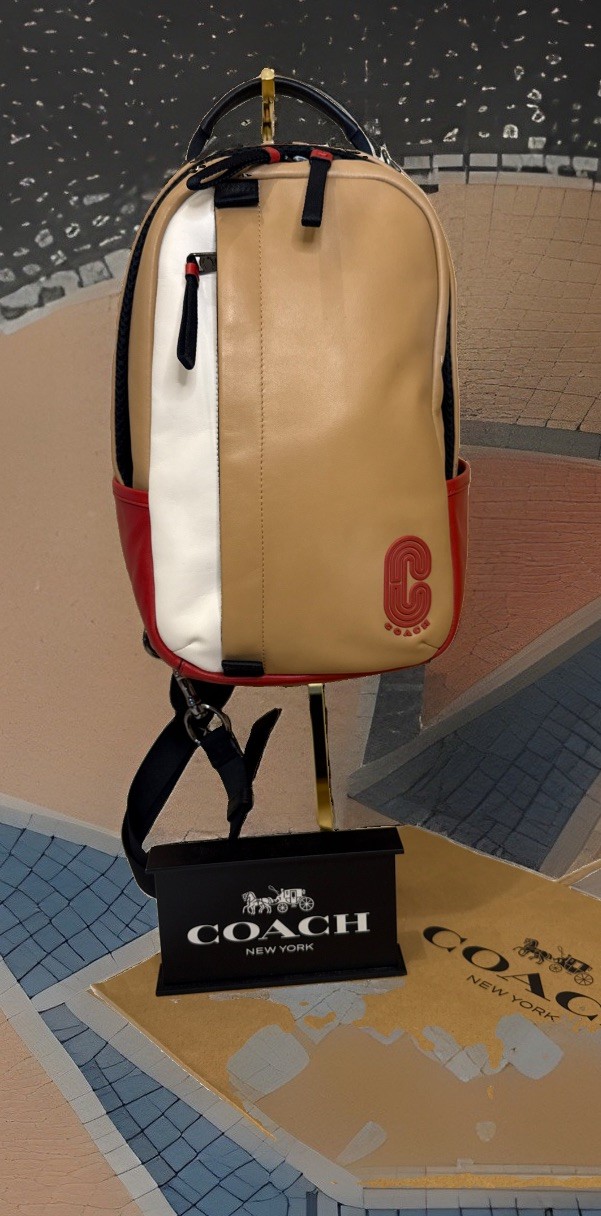 Coach Leather Racer Sling Pack – Unique Tan/Red/White ColorBlock Edition ~MC~