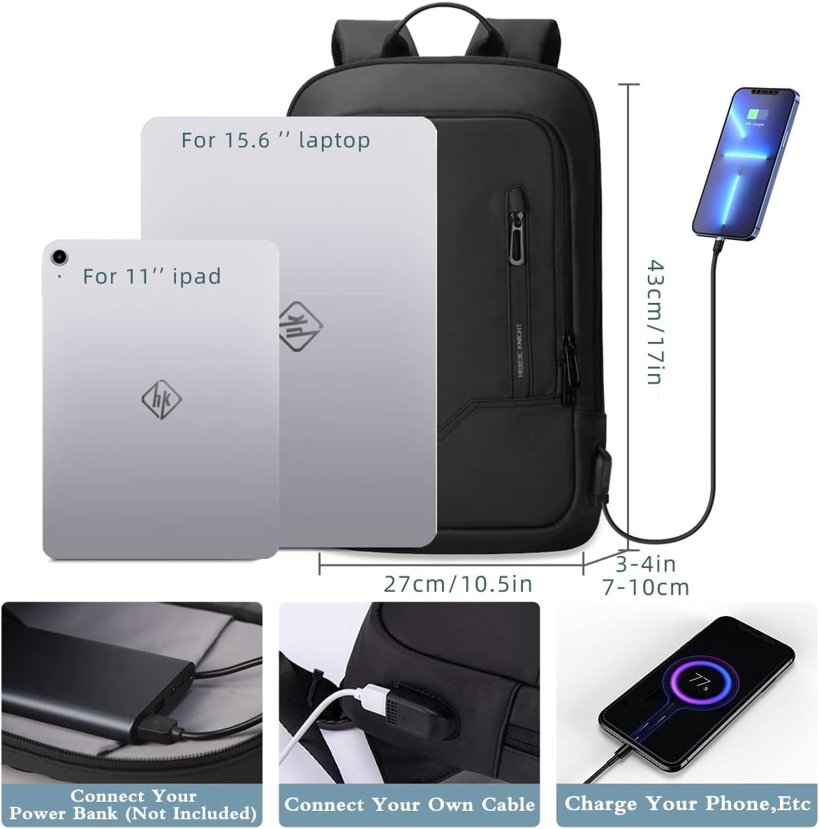 hk Backpack for Men Business Slim Backpack with USB Charger Computer Lightweight
