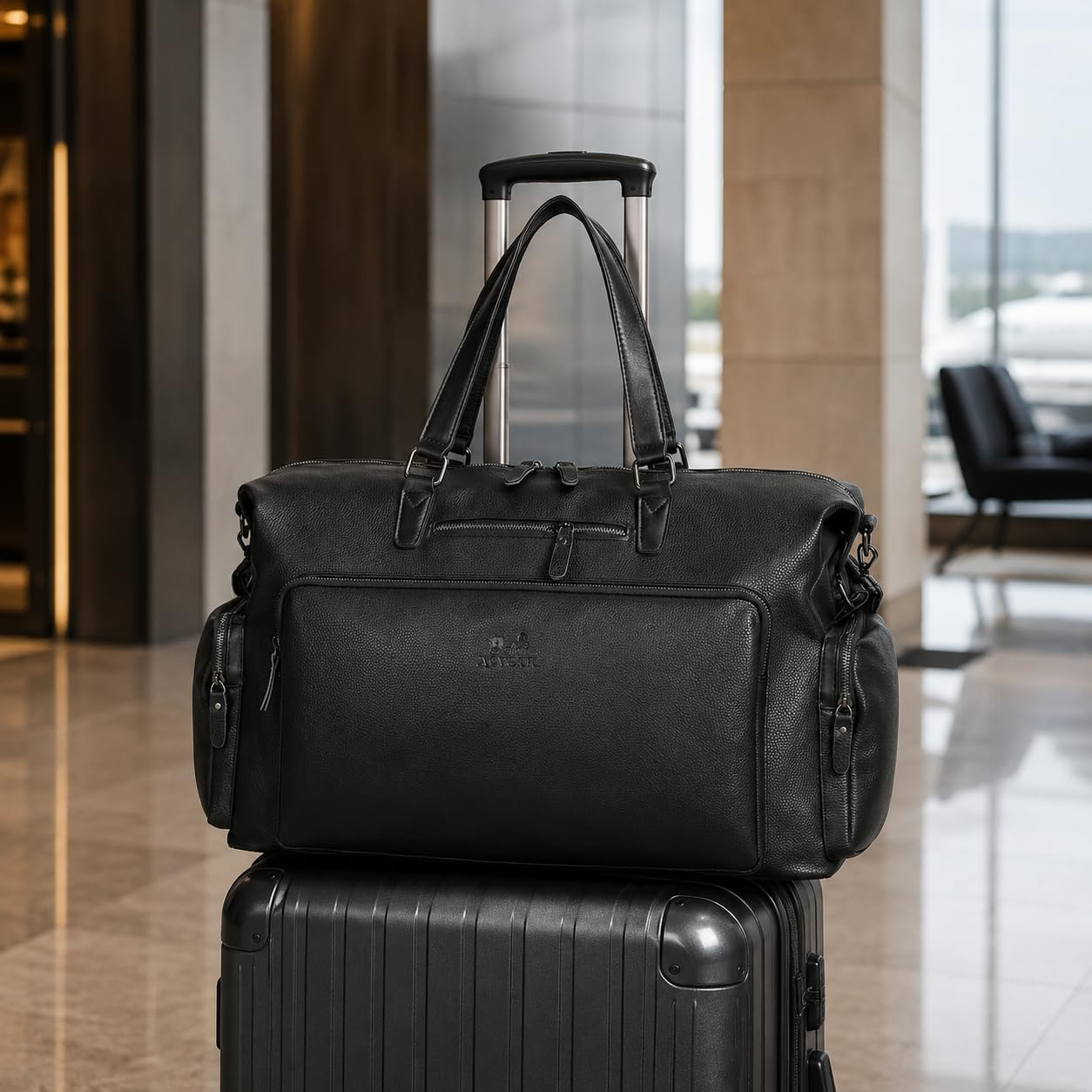 Vegan Leather Duffle Bag with Shoe Compartment & Laptop Sleeve for Travel
