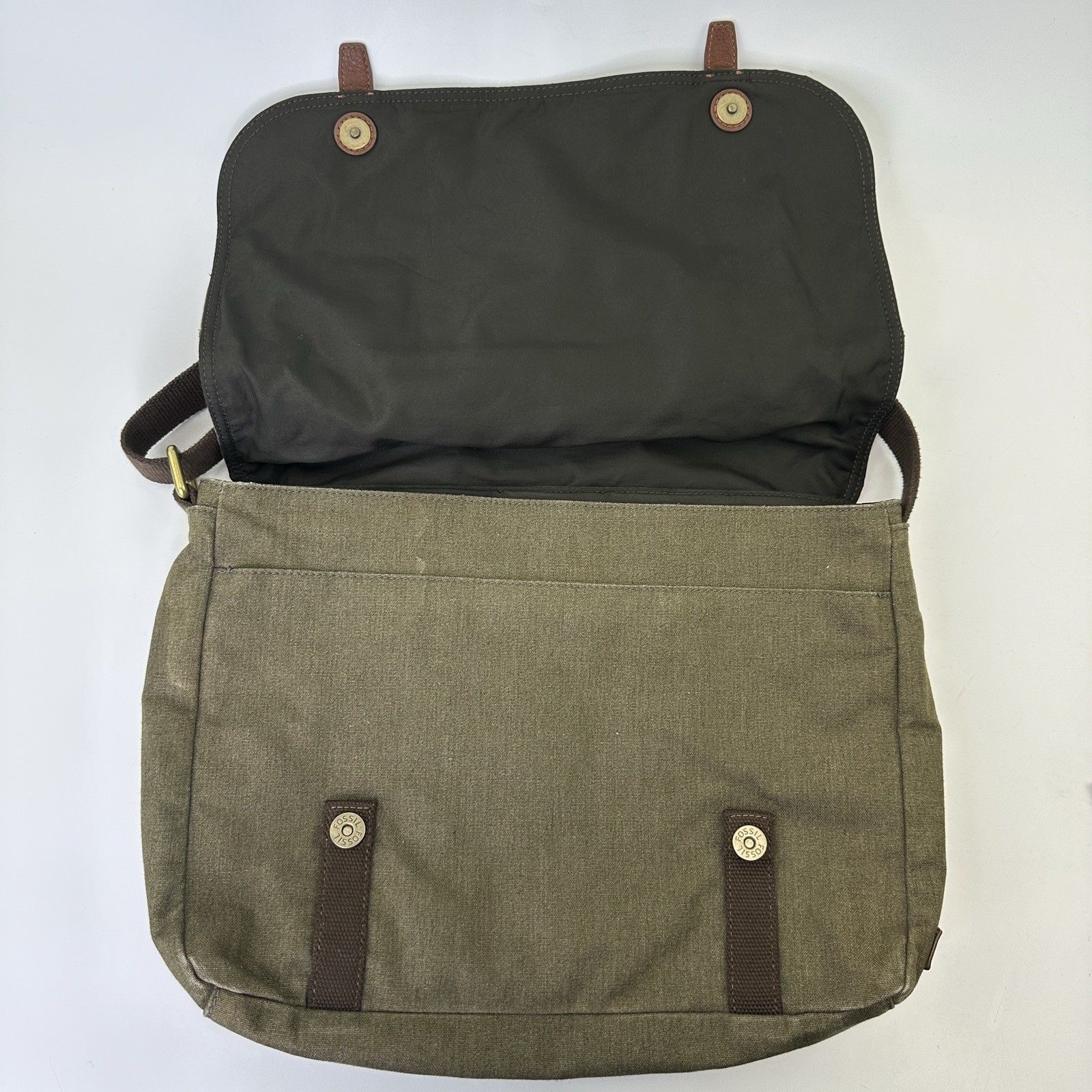 Fossil Green Brown Canvas Laptop Messenger Bag with Adjustable Strap and Pockets