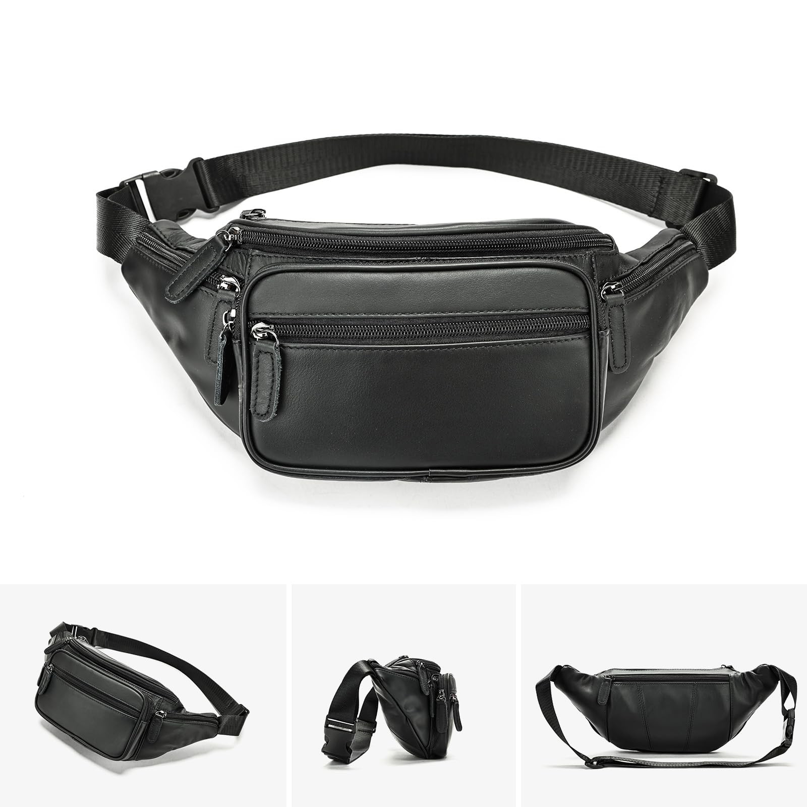Genuine Leather Fanny Pack Men Women MultiPockets Sling Waist Bag Black
