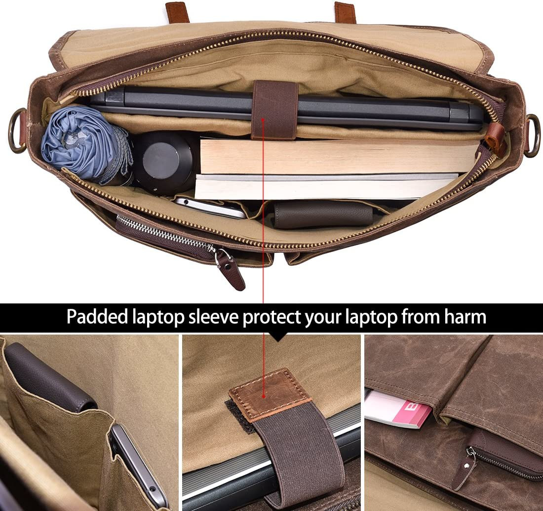 Men’s 15.6″ Waterproof Vintage Leather & Canvas Messenger Bag, Brown