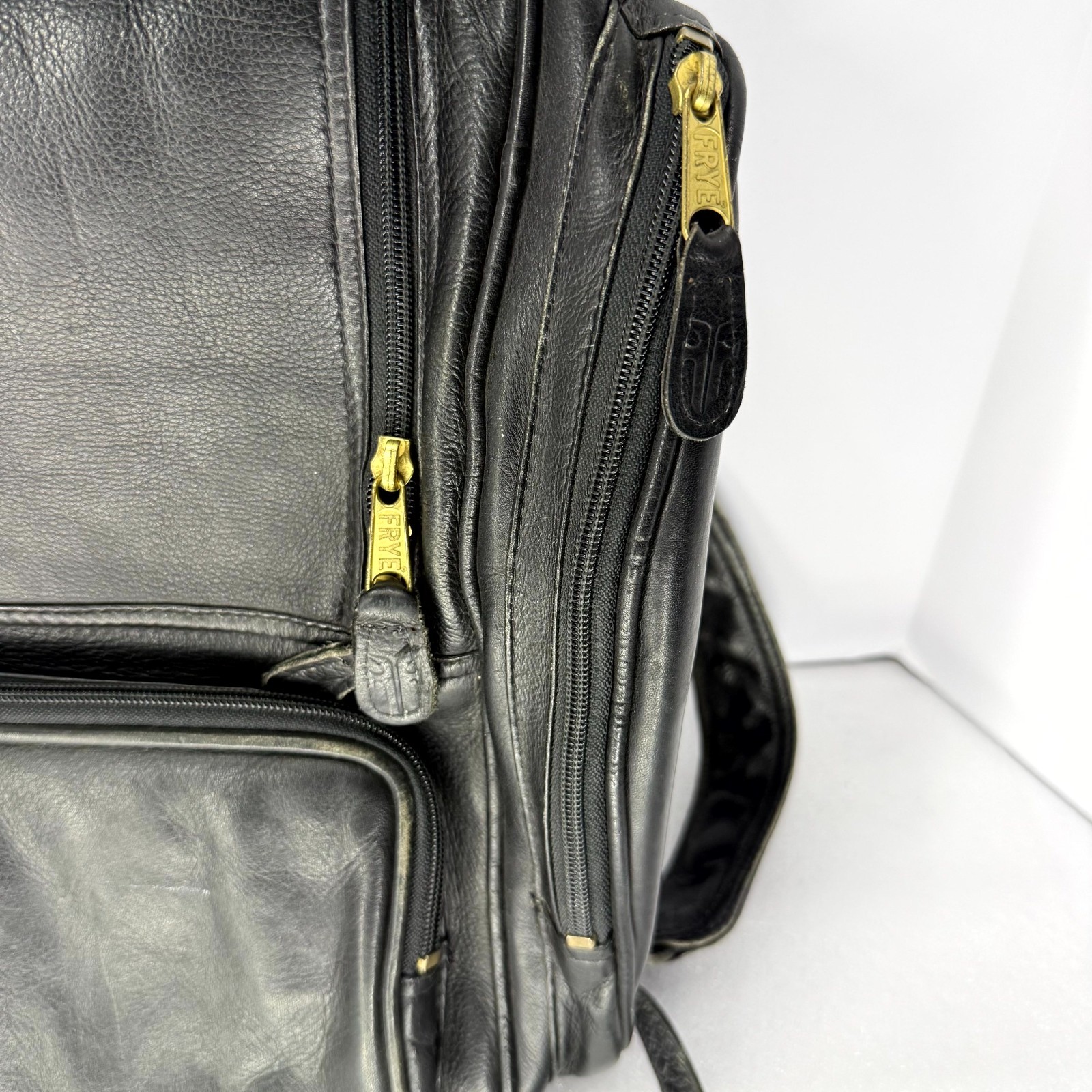 Vtg FRYE Backpack Black Genuine Leather Utility Multi-Pocket Travel Rucksack