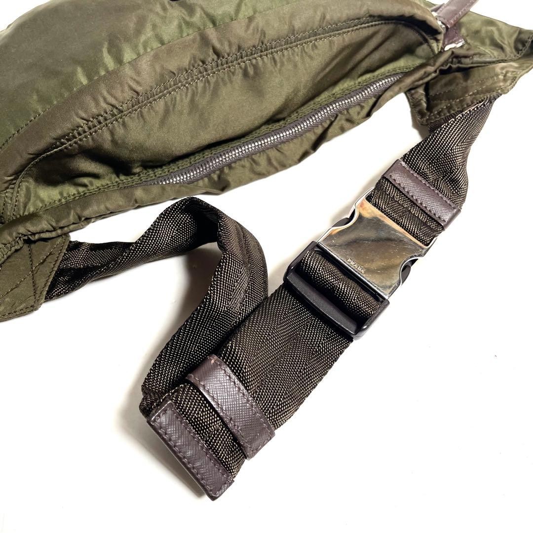 PRADA TESSUTO Nylon Body Bag Crossbody Waist Bag Khaki Triangle Plate