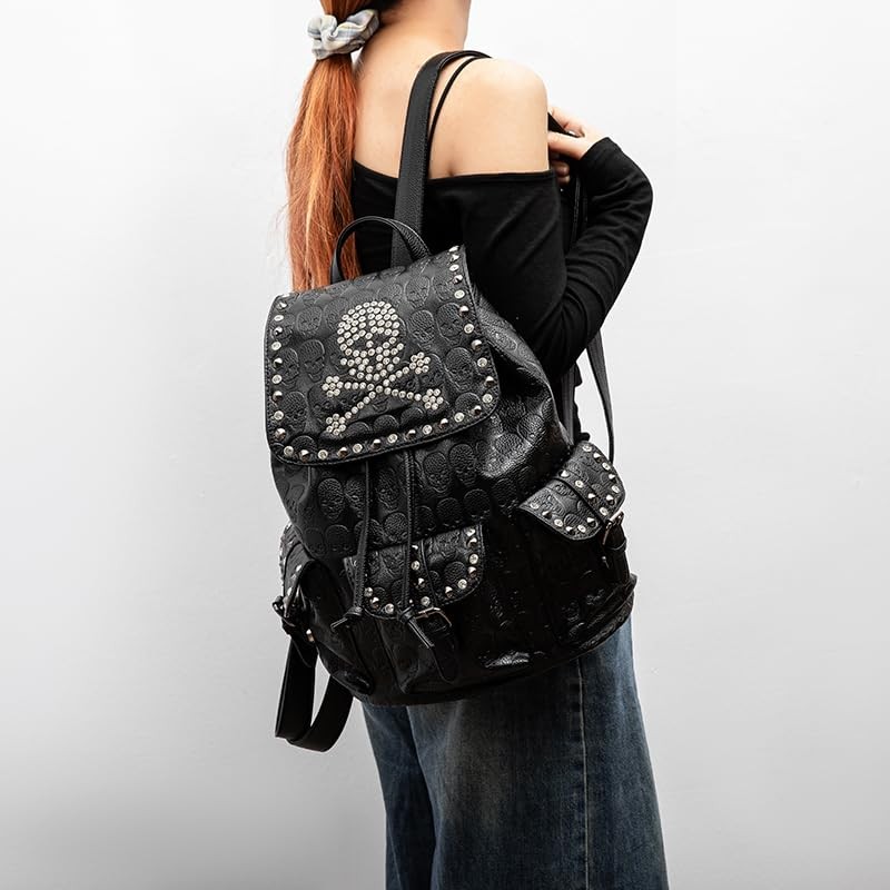 Gothic Skull Backpack PU Leather Punk Rucksack Drawstring Flap A4 Tablet Bag new