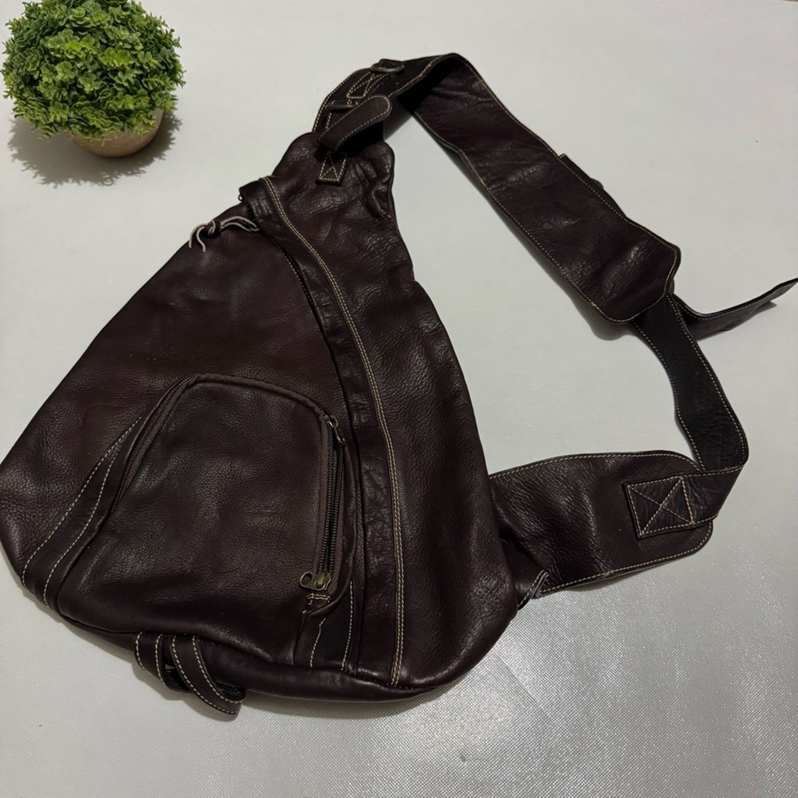 Good Old Days Brown Leather One Shoulder Backpack Bag Mens Hiking Outdoor School