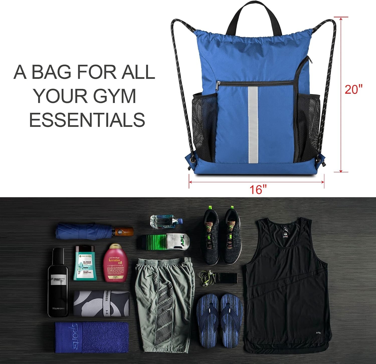 Spacious Drawstring Sports Backpack with Five Pockets & Machine Washable Design