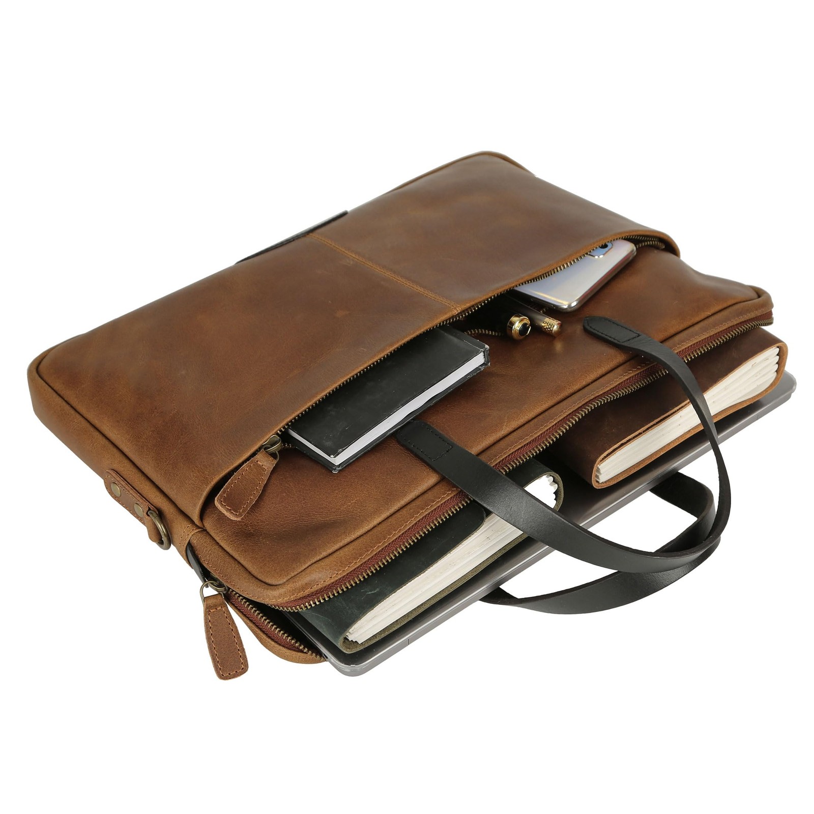 15.5 Inch Leather Laptop Sleeve with Trolley Strap – Slim Genuine Leather Bag…