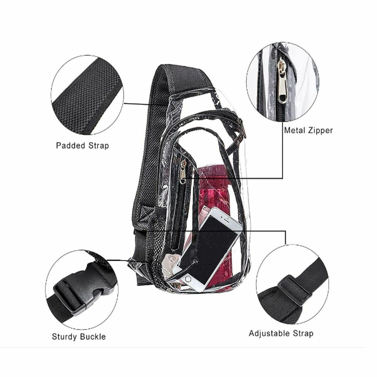 Adjustable Clear PVC Sling Bag Transparent Stadium Shoulder Crossbody Backpack