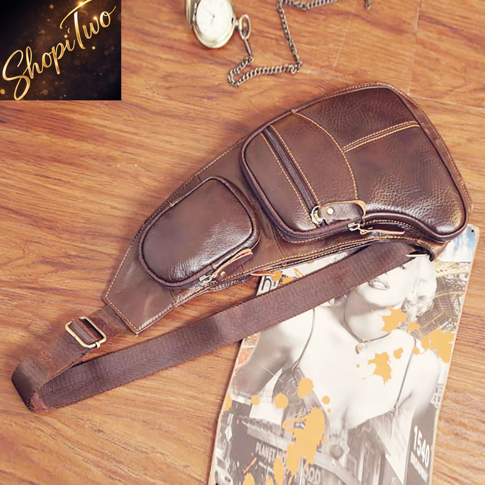 New Men Genuine Leather Cowhide Leather Vintage Sling Single Chest Back Tag